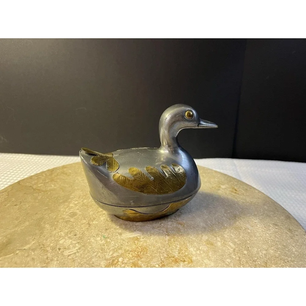 Vintage 1970's Pewter Duck Trinket Box with Brass Overlay Hong Kong